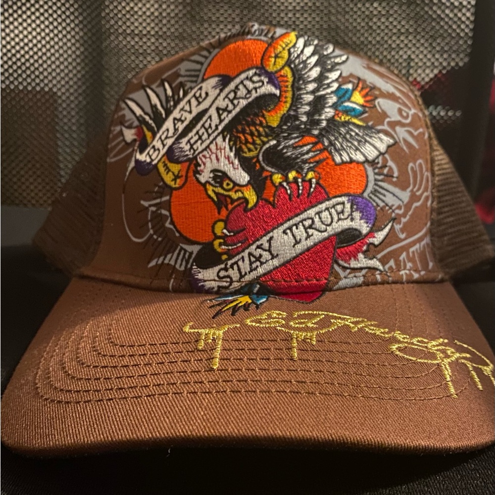 Ed Hardy Trucker Hat Embroidered Eagle Brave Hearts Stay True Snapback Brown new